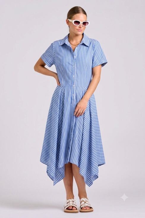 Ivy & Blu Dresses & Skirts - Ivy Blu Blue White Stripe Cotton Shirt Dress Belted High Low Size 14 Summer